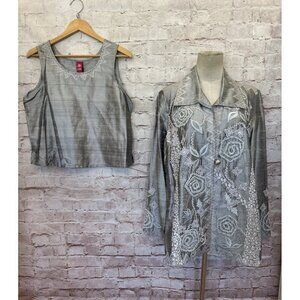 Sandy Starkman Jacket + Cami Top Size L Silver Metallic Silk Embroidered Sequin